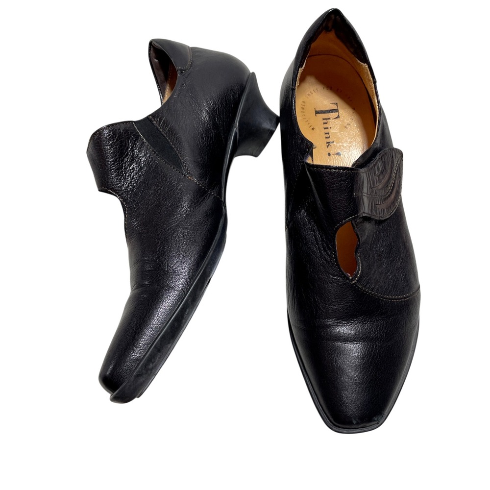 Think! 41 9.5 Wechsel Fussbett Black Leather Cutout Side Closure 1.5 Heel